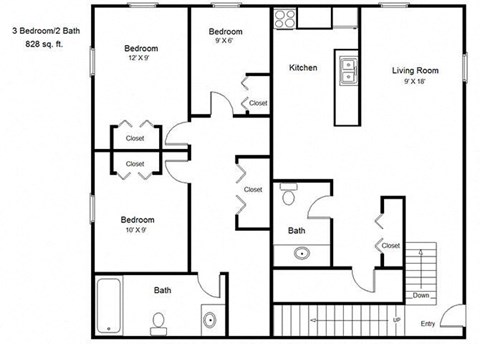 Floor plan for 2 beds, 1 bath, 774 sqft